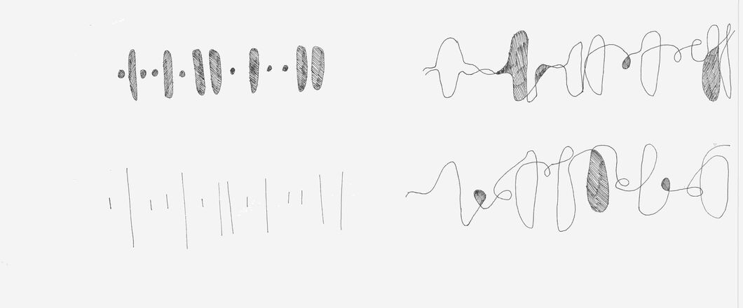 Striche, Punkte und geschwungene Linien, die als musikalische Impulse gelesen werden können. Link zum Profil.