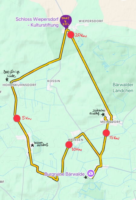 Ein Kartenausschnitt, der die Tour der Radtour zeigt: Von Wiepersdorf nach Hohenkuhnsdorf über Schloss Ahlsdorf, Weissen, die Burgruine Bärwalde und Meinsdorf wieder zurück nach Wiepersdorf.