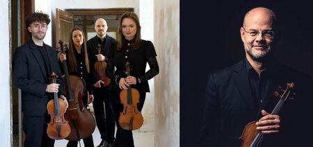 A collage consisting of a group photo of the MSM Quartet with string instruments and a portrait photo of Sebastian Schmidt