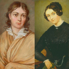 Eine Collage mit links einem Portrait von Bettina von Arnim und rechts ein Portrait von Johanna Kinkel