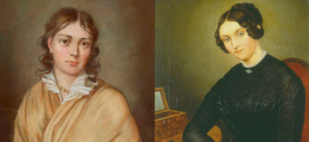 On the left, there is a portrait of Bettina von Arnim, on the right, there is a portrait of Johanna Kinkel