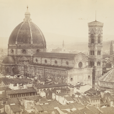 Eine Fotografie in Sepia, auf welcher der Dom und Glockenturm in Florenz zu sehen sind