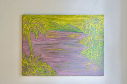 A painting in shades of yellow and pink, depicting palm trees, is hanging on the wall.