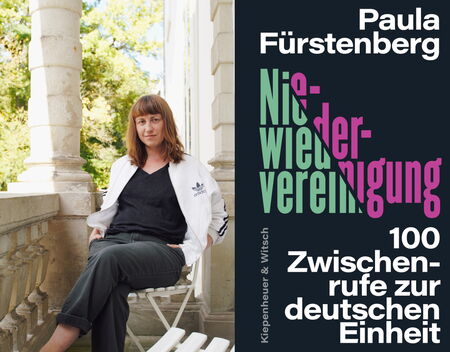 Links ein Portraitfoto von Paula Fürstenberg auf der Terrasse von Schloss Wiepersdorf, rechts das Cover vom Buch "Niewiedervereinigung"