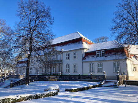 Exterior view of the castle seen from the park and covered in snow.