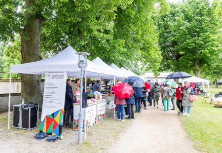 Various stalls at the Spring Festival 2025 with regional products, in front of them visitors with umbrellas