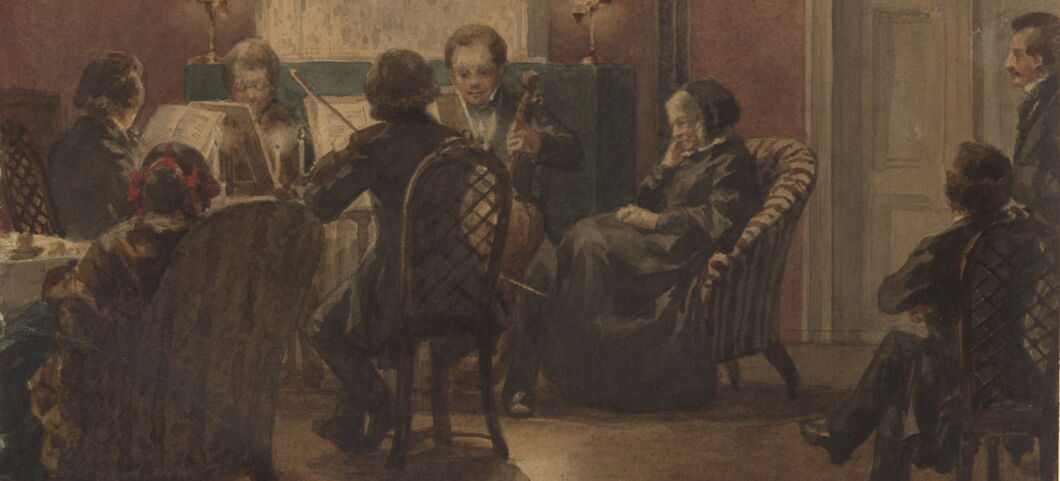 A painting of a string quartet, with Bettina von Arnim sitting in an armchair listening to the music