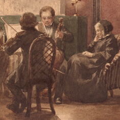 A painting of a string quartet, with Bettina von Arnim sitting in an armchair listening to the music