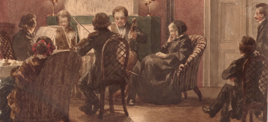 A painting of a string quartet, with Bettina von Arnim sitting in an armchair listening to the music