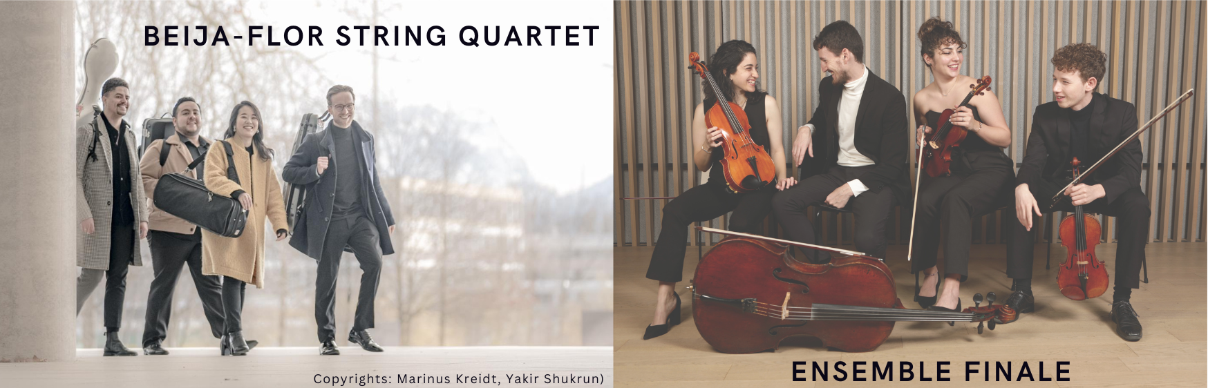 Eine Collage des Ensemble Finale und Beija-Flor String Quartet mit ihre Instrumenten