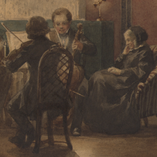 A painting of a string quartet, with Bettina von Arnim sitting in an armchair listening to the music