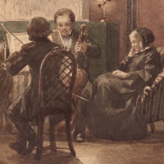 Gemälde eines Streicherquartetts, neben dem Bettina von Arnim in einem Sessel sitzt und der Musik lauscht