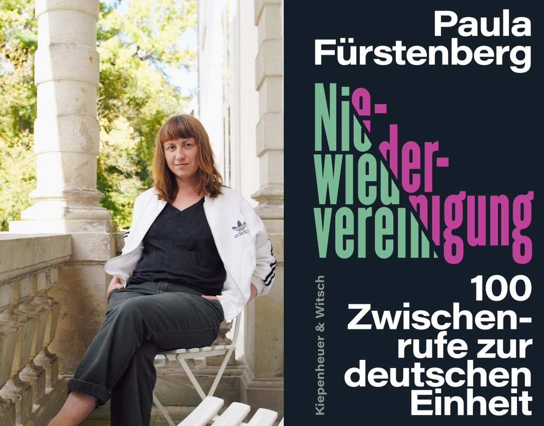 On the left, a portrait photo of Paula Fürstenberg on the terrace of Wiepersdorf Castle; on the right, the cover of the book “Niewiedervereinigung”