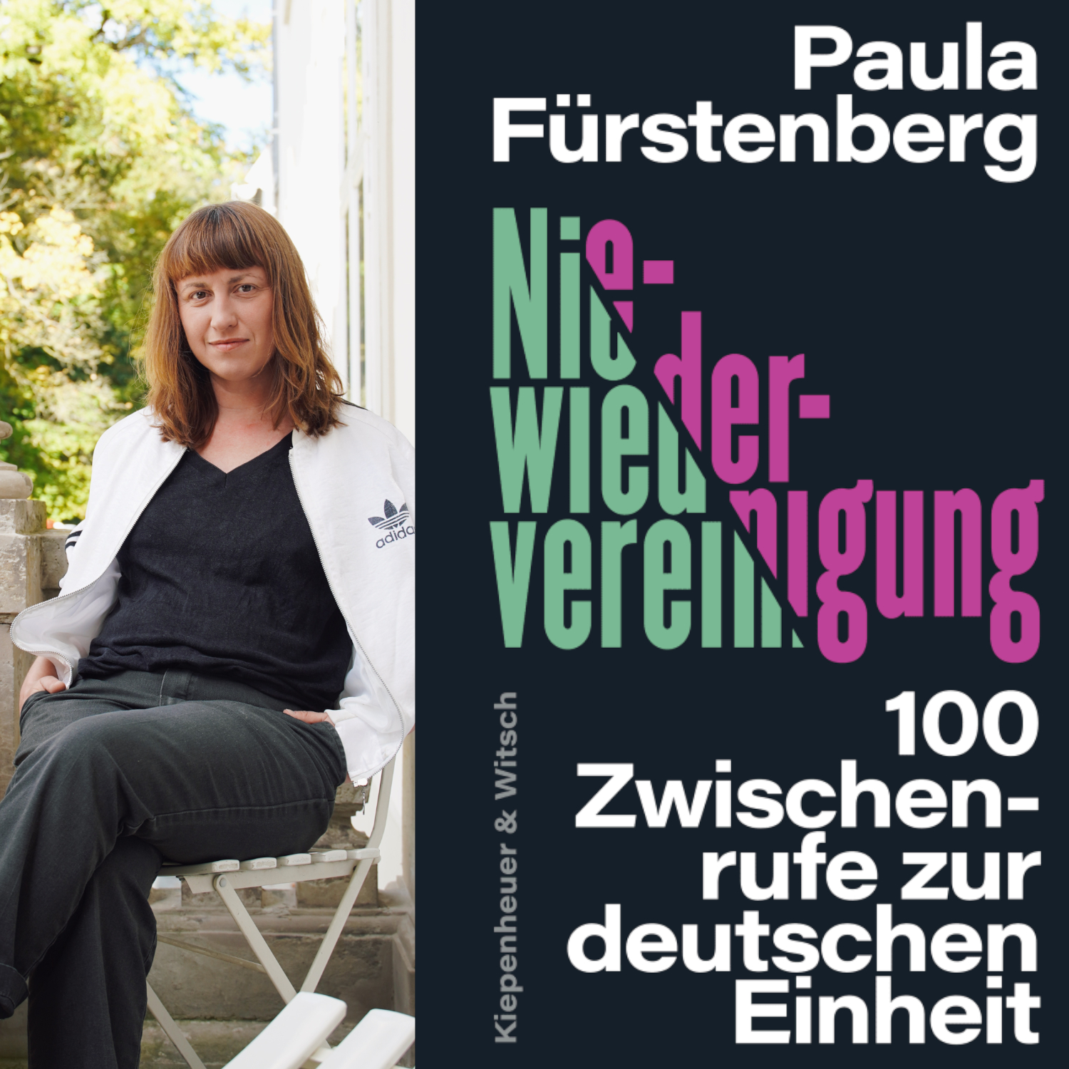 Links ein Portraitfoto von Paula Fürstenberg auf der Terrasse von Schloss Wiepersdorf, rechts das Cover vom Buch "Niewiedervereinigung"