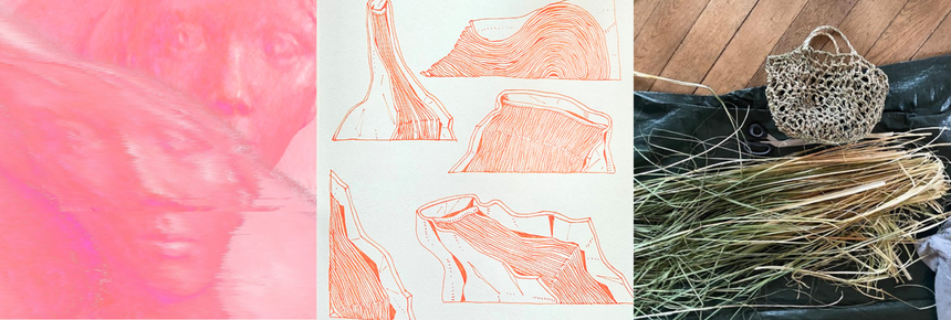 A collage consisting of a pink graphic depicting a face, with a blurred version of the same face below it, abstract drawings in orange, and a photo of a bag woven from plant fibers