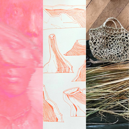 A collage consisting of a pink graphic depicting a face, with a blurred version of the same face below it, abstract drawings in orange, and a photo of a bag woven from plant fibers