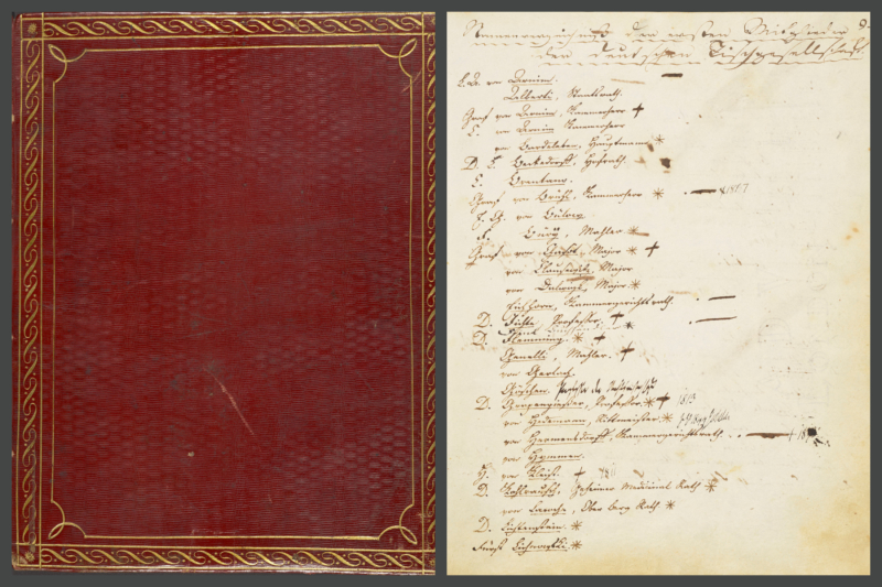 Abb. 1 Einband des ersten Konvoluts der Tischgesellschaftsprotokolle, GSA Weimar 3/262,15 / Abb. 2 Gründungsakten der deutschen Tischgesellschaft 1811, GSA Weimer; Fotos: Klassik Stiftung Weimar